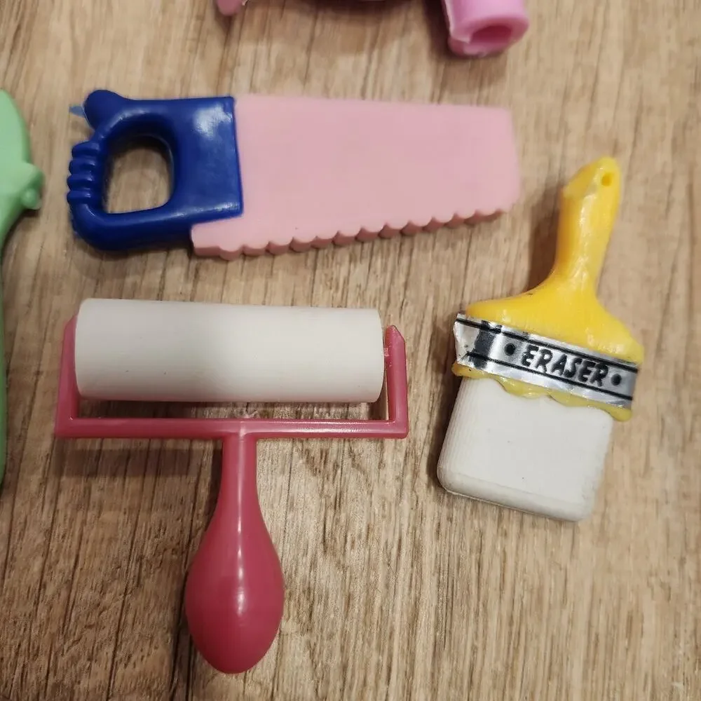 7 Vtg 1980s Erasers Rubber Tools Water Tap Spigot Paint Hammer Saw Wrench Ruler